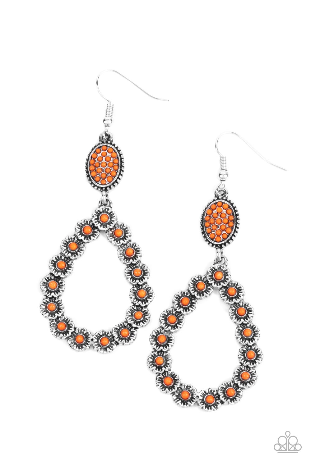 Farmhouse Fashion Show - Orange and Silver Earrings - Paparazzi Accessories - Dotted with dainty orange beaded centers, rustic silver floral frames delicately connect into a whimsical teardrop at the bottom of a matching orange beaded oval frame. Earring attaches to a standard fishhook fitting. Sold as one pair of earrings.