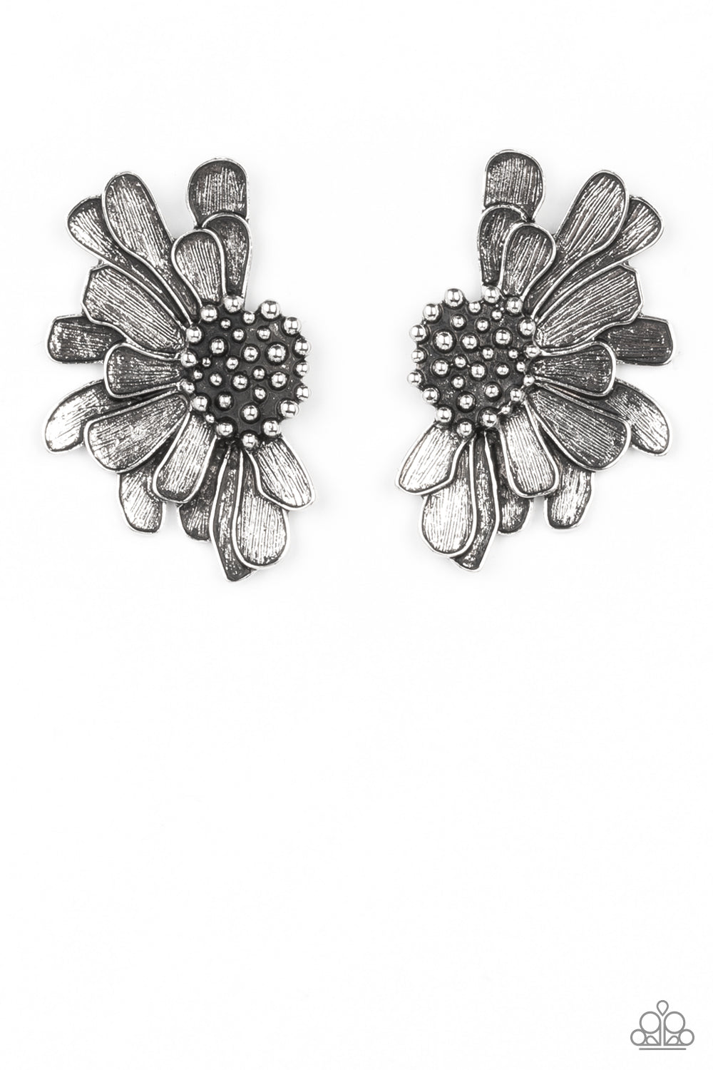 Farmstead Meadow - Silver Petal Earrings - Paparazzi Accessories - Imperfect silver petals bloom from a studded center, layering into a rustic half blossom for a whimsical flair.