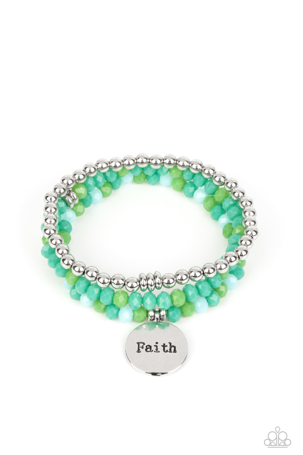 Fashionable Faith - Green and Silver Inspiration Bracelet - Paparazzi Accessories - Embellished with silver and defaced beads in varying shades of green, three bracelets are threaded along elastic stretchy bands, for a fashionable stack across the wrist. Falling from one of the varying green bangles, a silver disc, with a hammered sheen, features the word "Faith," creating a simplistic collision of color and energy for a light-hearted finish. Sold as one individual bracelet.