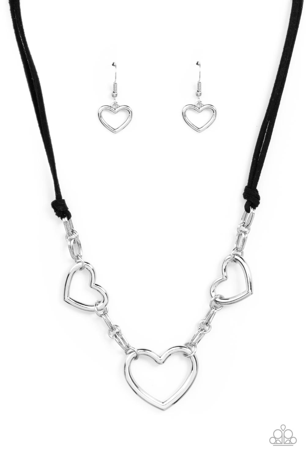 Fashionable Flirt - Black Suede - Silver Heart Necklace - Paparazzi Accessories - Strands of black suede knot around sections of chunky silver chains that have been adorned in oversized silver heart frames, resulting in a flirtatious display below the collar. Features an adjustable clasp closure. Sold as one individual necklace.