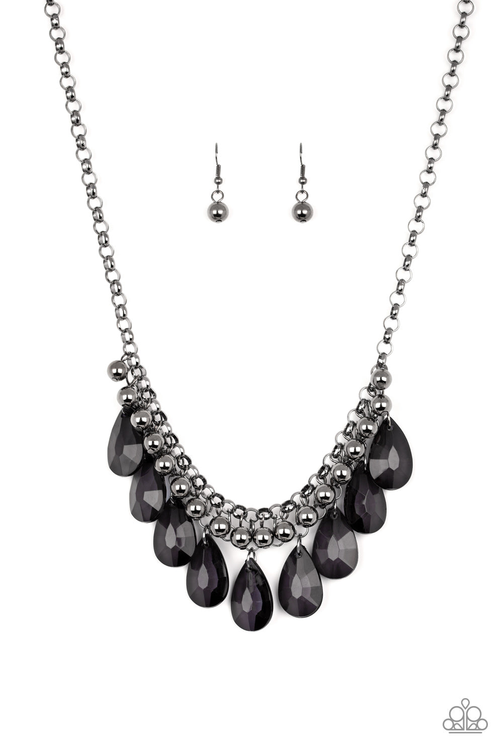 Fashionista Flair - Black Fashion Necklace - Paparazzi Accessories - A row of glistening gunmetal beads gives way to glassy black teardrops, creating a bold tone on tone fringe below the collar. Features an adjustable clasp closure. Sold as one individual necklace.