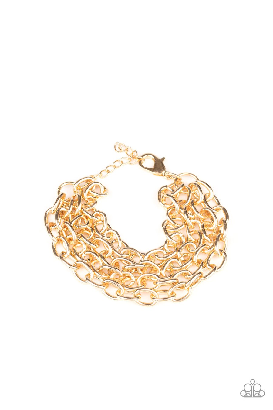 Fast Ball Gold Bracelet - Paparazzi Accessories - Four strands of bold gold chain layer across the wrist for an edgy look. Features an adjustable clasp closure. Sold as one individual fashion bracelet. 