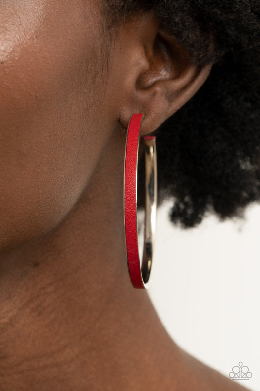 ​Fearless Flavor - Red and Silver Leather  Hoop Earrings - Paparazzi Accessories - A red leather lace is pressed along the indented spine of a silver hoop, creating a bold pop of color. Earring attaches to a standard post fitting. Hoop measures approximately 2 1/4" in diameter. Sold as one pair of hoop earrings.