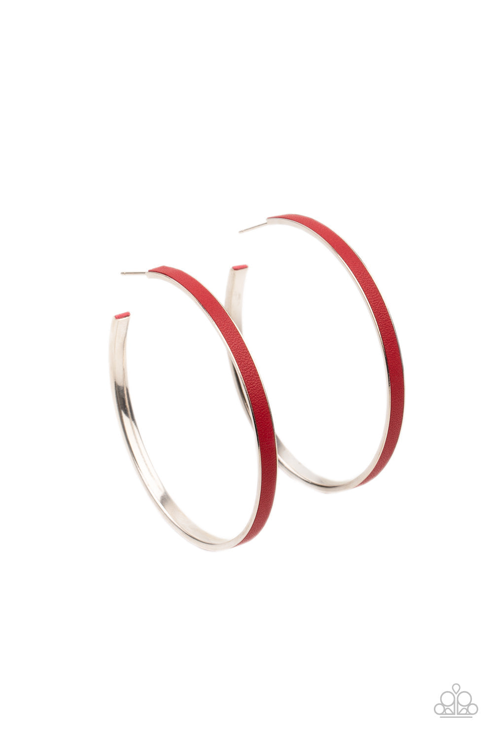 ​Fearless Flavor - Red and Silver Leather  Hoop Earrings - Paparazzi Accessories - A red leather lace is pressed along the indented spine of a silver hoop, creating a bold pop of color. Earring attaches to a standard post fitting. Hoop measures approximately 2 1/4" in diameter. Sold as one pair of hoop earrings.