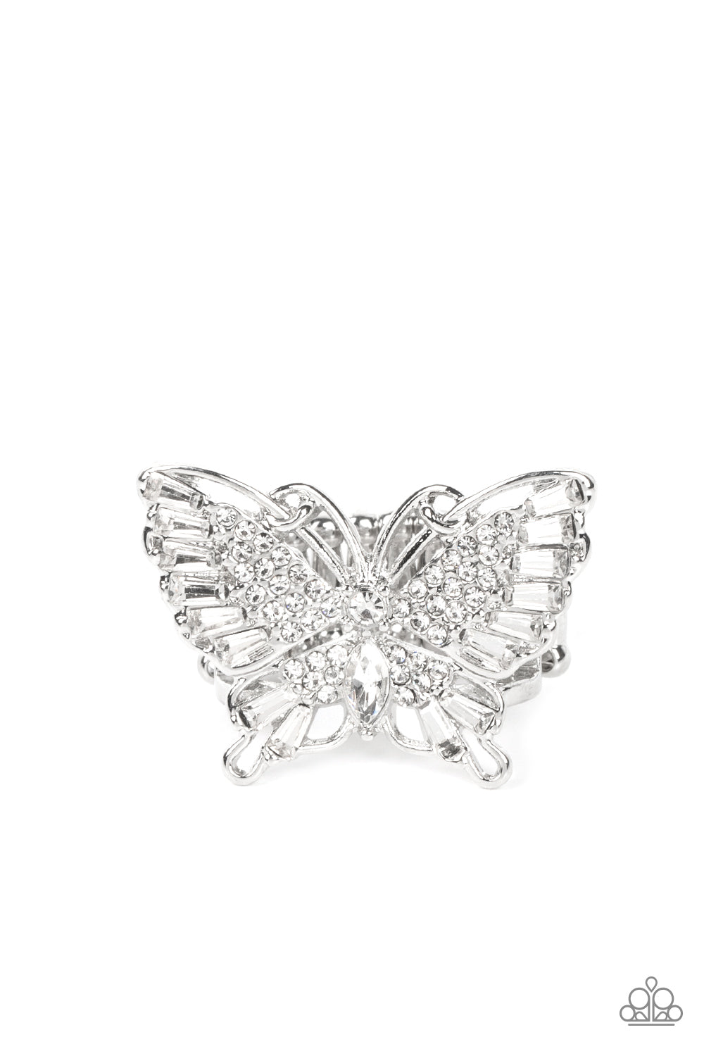 Fearless Flutter - White and Silver Butterfly Ring - Paparazzi Accessories -Sparkling with round, teardrop, and emerald cut white rhinestones, a silver butterfly fearlessly flutters atop the finger for a statement-making finish. Features a stretchy band for a flexible fit.  Bejeweled Accessories By Kristie - Trendy fashion jewelry for everyone -