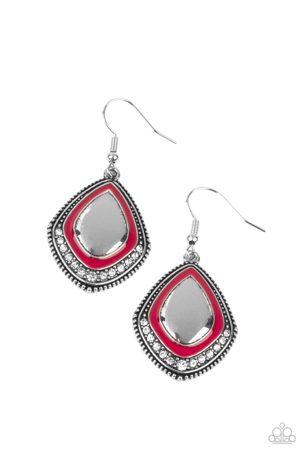 Fearlessly Feminine - Red and Silver Earrings - Paparazzi Accessories - Painted in a fiery red accent, the bottom of a studded silver frame is bordered in a dainty row of white rhinestones for a fearless finish. Earring attaches to a standard fishhook fitting. Sold as one pair of earrings.