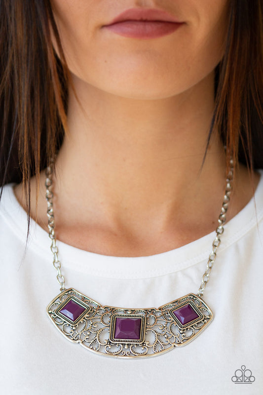 Feeling Inde-PENDANT - Purple and Silver Necklace - Paparazzi Accessories - Glistening silver filigree spins into a dramatic pendant below the collar. Square plum beads are pressed into the airy frame for a colorful finish. Features an adjustable clasp closure. Sold as one individual necklace.