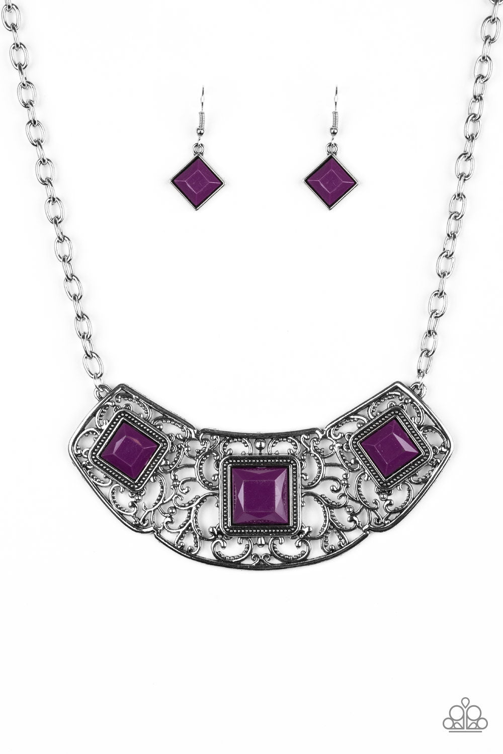 Feeling Inde-PENDANT - Purple and Silver Fashion Necklace - Paparazzi Accessories - Glistening silver filigree spins into a dramatic pendant below the collar. Square plum beads are pressed into the airy frame for a colorful finish. Features an adjustable clasp closure. Sold as one individual necklace.