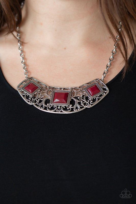 Feeling Inde-PENDANT - Red and Silver Necklace - Paparazzi Accessories - Glistening silver filigree spins into a dramatic pendant below the collar. Square red beads are pressed into the airy frame for a colorful finish. Features an adjustable clasp closure.