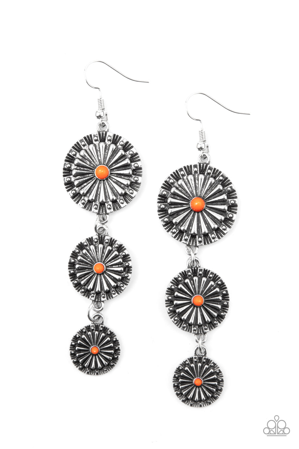 Festively Floral - Orange and Silver Earrings - Paparazzi Accessories - Dotted with dainty orange beads, rustic silver floral frames gradually decrease in size as they swing from the ear, creating a colorful lure. Earring attaches to a standard fishhook fitting. Sold as one pair of earrings.