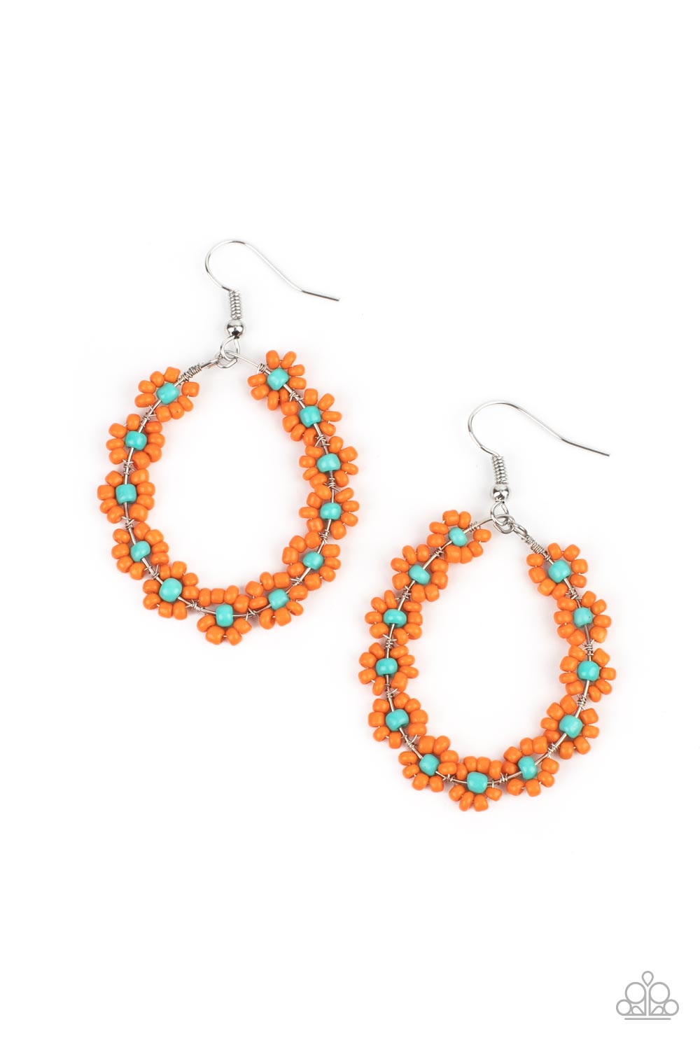 Festively Flower Child - Orange - Blue Seed Bead Earrings - Paparazzi Accessories - Dotted with turquoise beaded centers, a dainty collection of orange seed beaded floral frames are threaded along a wire hoop for a fabulous floral fashion.