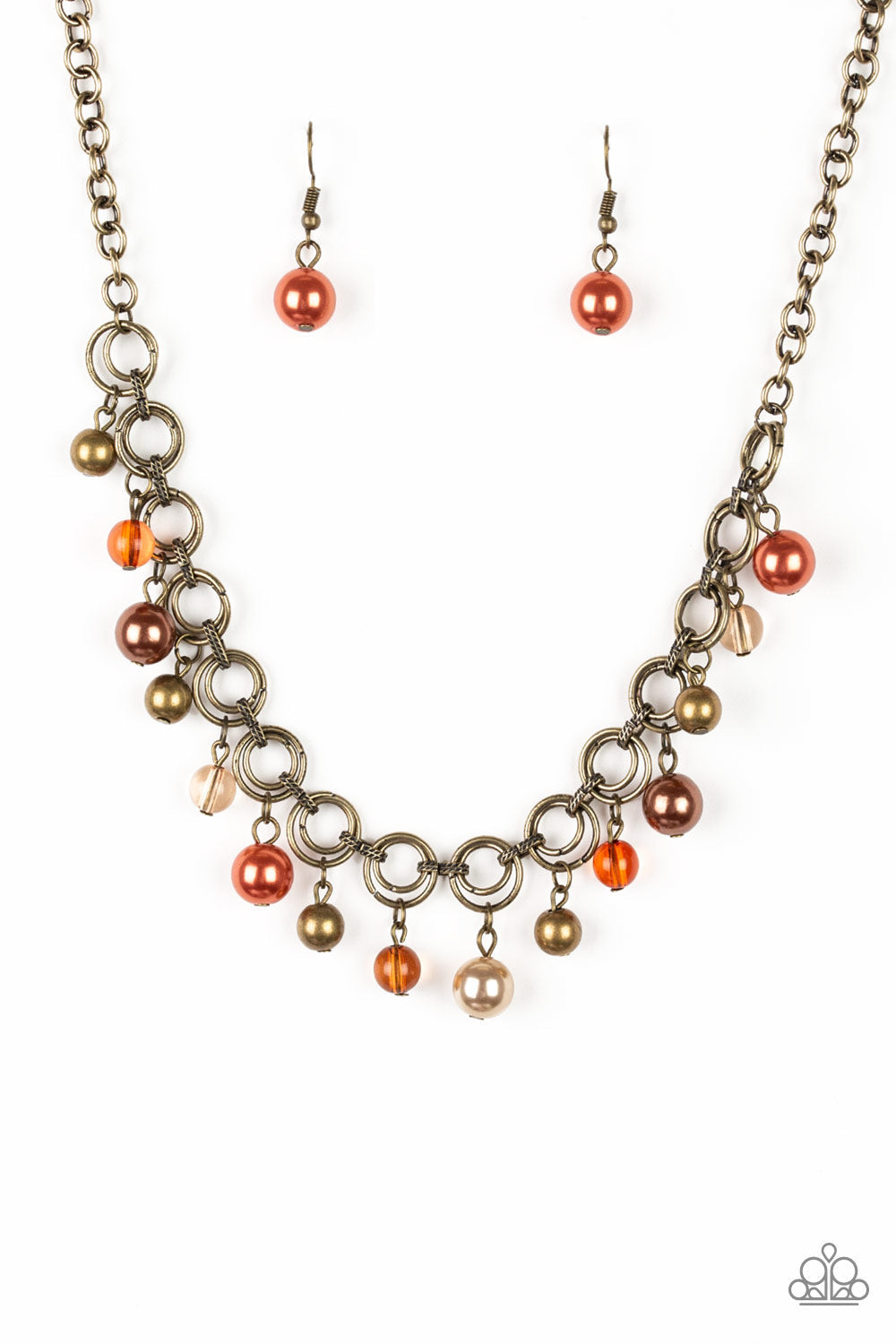 Fiercely Fancy - Brass and Orange Fashion Necklace - Paparazzi Accessories - Pearly and glassy brass, brown, and orange beads swing from a double-linked brass chain, for a fancy fringe below the collar fashion necklace.