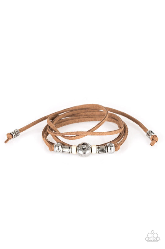 Find Your Way - White and Brown Suede Bracelet - Paparazzi Accessories - An array of white and silver beads are knotted in place along suede cording. To secure bracelet, tie ends in place around the wrist at desired length. Sold as one individual bracelet.