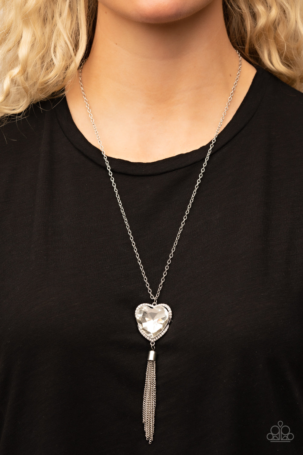 Finding My Forever - White Gem Heart and Silver Necklace Long Necklaces Bejeweled Accessories By Kristie Featuring Paparazzi Jewelry - Trendy fashion jewelry for everyone -