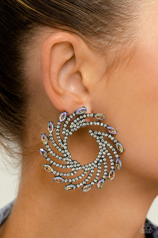 Firework Fanfare - Multi Color Earrings - Paparazzi Accessories - Each colorfully reflective marquise-cut gem curls around the ear in a clock-like manner, creating additional eye-catching dimension. Earring attaches to a standard post fitting.