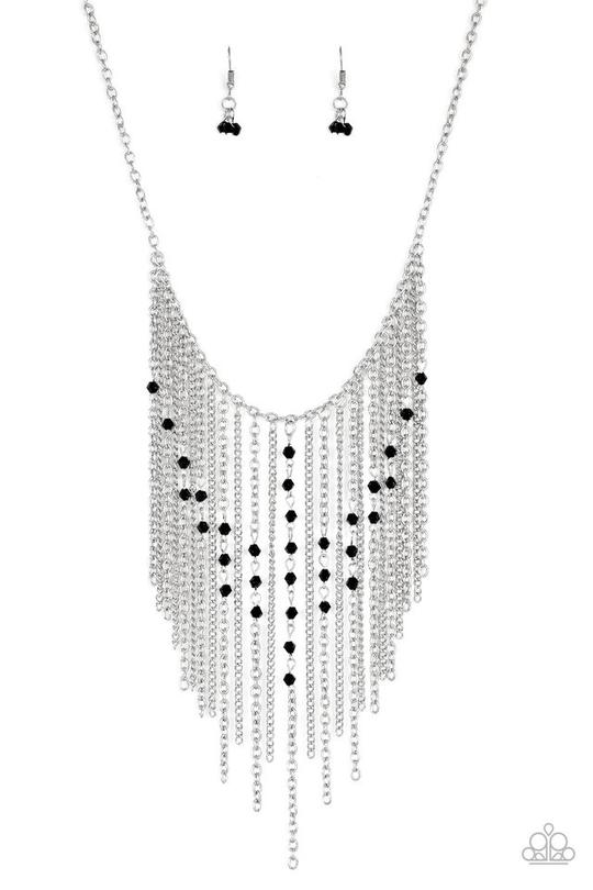 First Class Fringe - Black and Silver Necklace & Earrings - Paparazzi Accessories - 
Varying in length, mismatched silver chains stream from the bottom of a classic silver chain. Faceted black crystal-like beads sporadically dot the free-falling chains, creating a statement-making fringe below the collar. Features an adjustable clasp closure. Sold as one individual necklace. Includes one pair of matching earrings.
