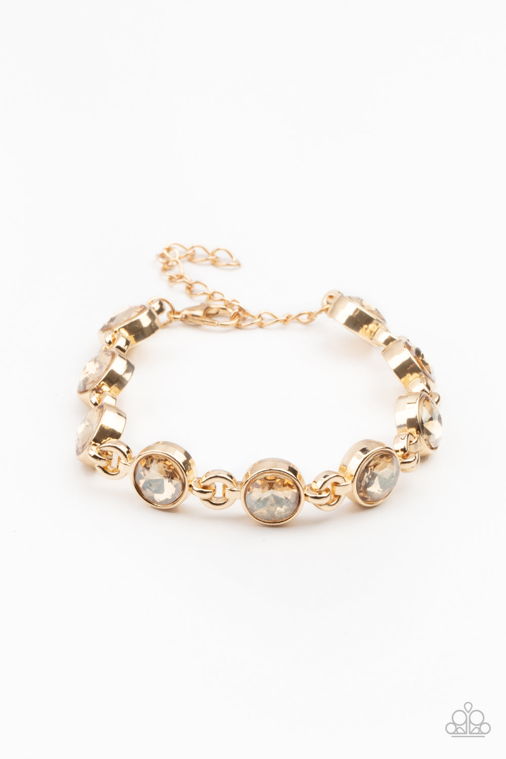 First In Fashion Show - Gold Fashion Bracelet - Paparazzi Accessories - Golden rhinestone encrusted gold frames delicately link around the wrist, creating a timeless centerpiece. Features an adjustable clasp closure. Sold as one individual bracelet.