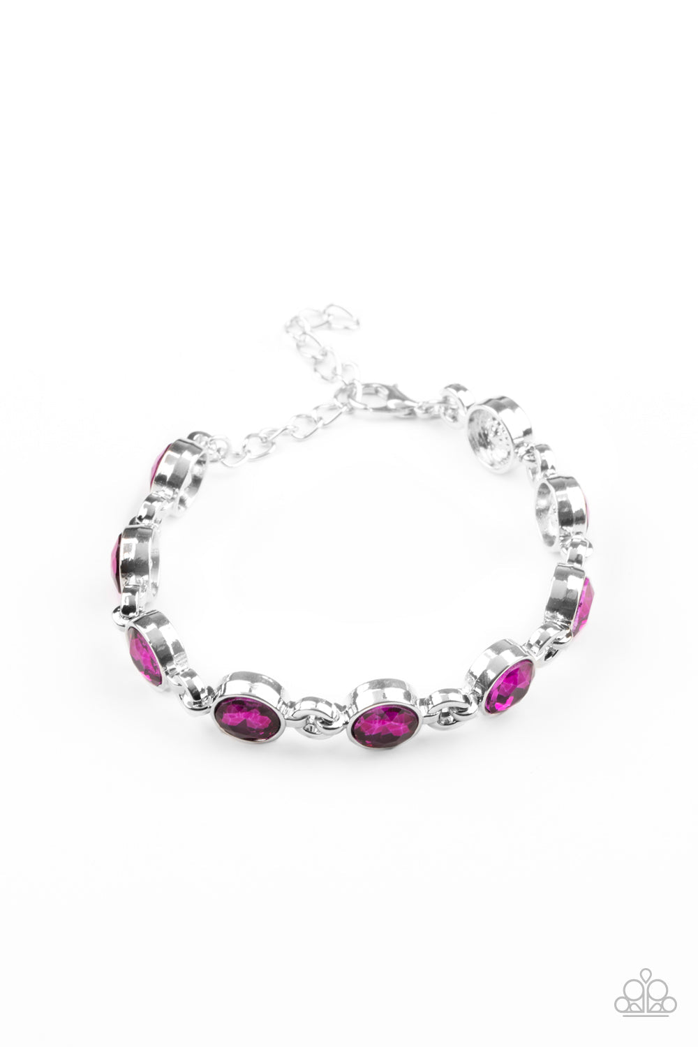 First In Fashion Show - Pink and Silver Bracelet - Paparazzi Accessories - Classic pink rhinestone encrusted silver frames delicately link around the wrist, creating a timeless centerpiece. Features an adjustable clasp closure. Sold as one individual bracelet. Trendy fashion jewelry for everyone.