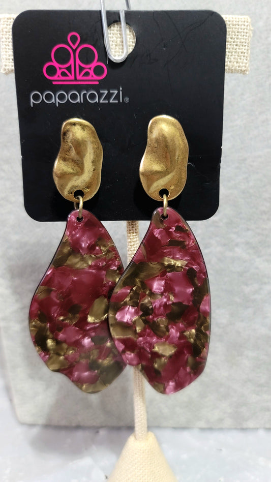 Fish Out of Water - Purple and Brass Earrings - Paparazzi Accessories - Featuring a faux marble finish, a colorful acrylic frame swings from the bottom of an abstract brass fitting for a retro vibe. Earring attaches to a standard post fitting.
