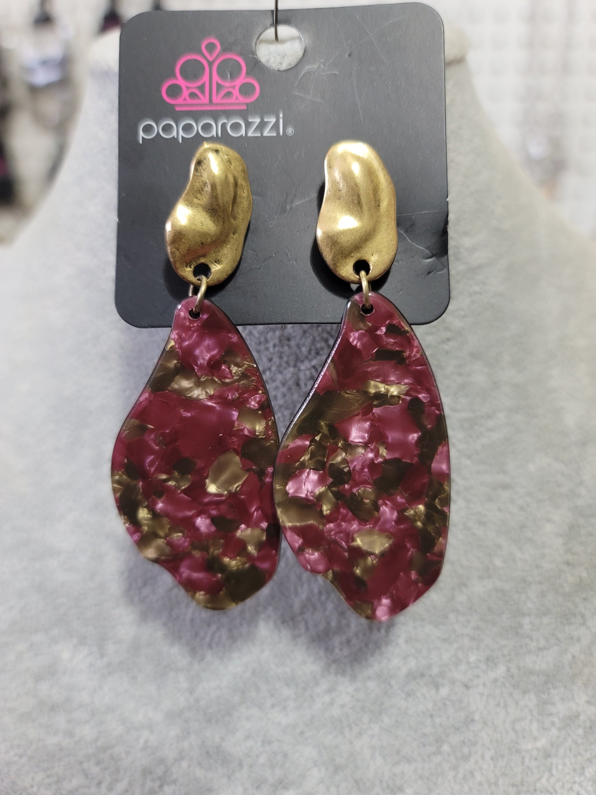 Fish Out of Water - Purple and Brass Earrings - Paparazzi Accessories - Featuring a faux marble finish, a colorful acrylic frame swings from the bottom of an abstract brass fitting for a retro vibe. Earring attaches to a standard post fitting. Color may vary. Sold as one pair of post earrings.