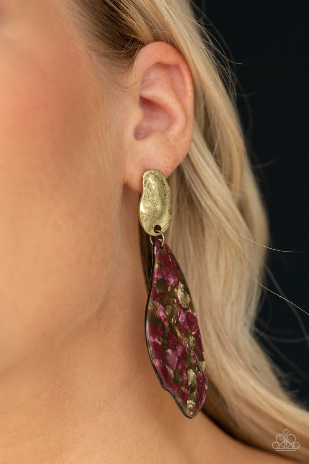 Fish Out of Water - Purple and Brass Earrings - Paparazzi Accessories - Faux marble finish, a colorful acrylic frame swings from the bottom of an abstract brass fitting for a retro vibe. Earring attaches to a standard post fitting.