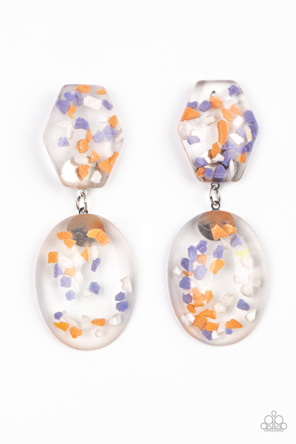 Flaky Fashion - Orange - Purple - White Acrylic Earrings - Paparazzi Accessories - Featuring multicolored confetti-like flakes, a clear acrylic oval frame swings from the bottom of a matching hexagonal frame, creating a bubbly lure.