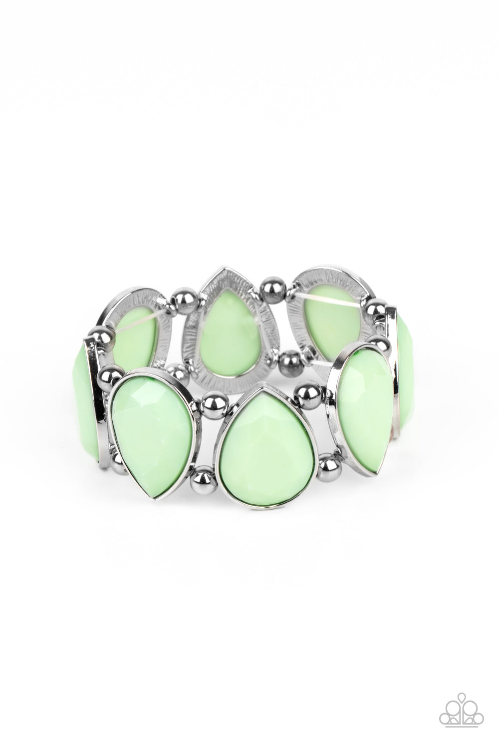 Flamboyant Tease - Green and Silver - Stretchy Bracelet - Paparazzi Accessories - 
Separated by pairs of classic silver beads, faceted Green Ash teardrop frames alternate right side up and upside down along a stretchy band around the wrist for a flirty pop of color. Sold as one individual bracelet.

