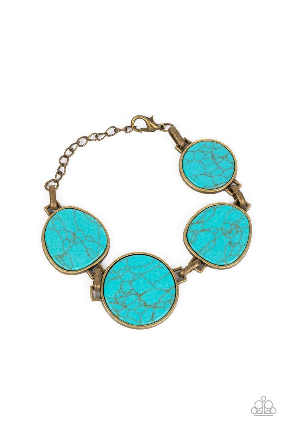 Flat Out Frontier - Brass and Turquoise Stone Bracelet - Paparazzi Accessories - Flat turquoise stones pressed into brass frames provide a statement focal point around the wrist. Features an adjustable clasp closure. As the stone elements in this piece are natural, some color variation is normal. Sold as one individual bracelet.