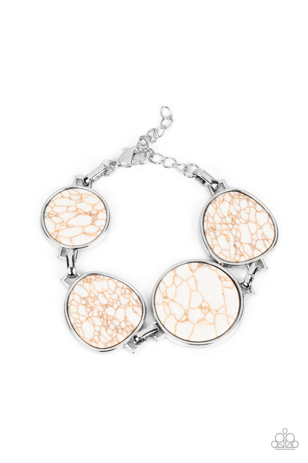 Flat Out Frontier - White and Silver Bracelet - Paparazzi Accessories - Flat white marbled stones pressed into shiny-silver frames provide a statement focal point around the wrist. Features an adjustable clasp closure.