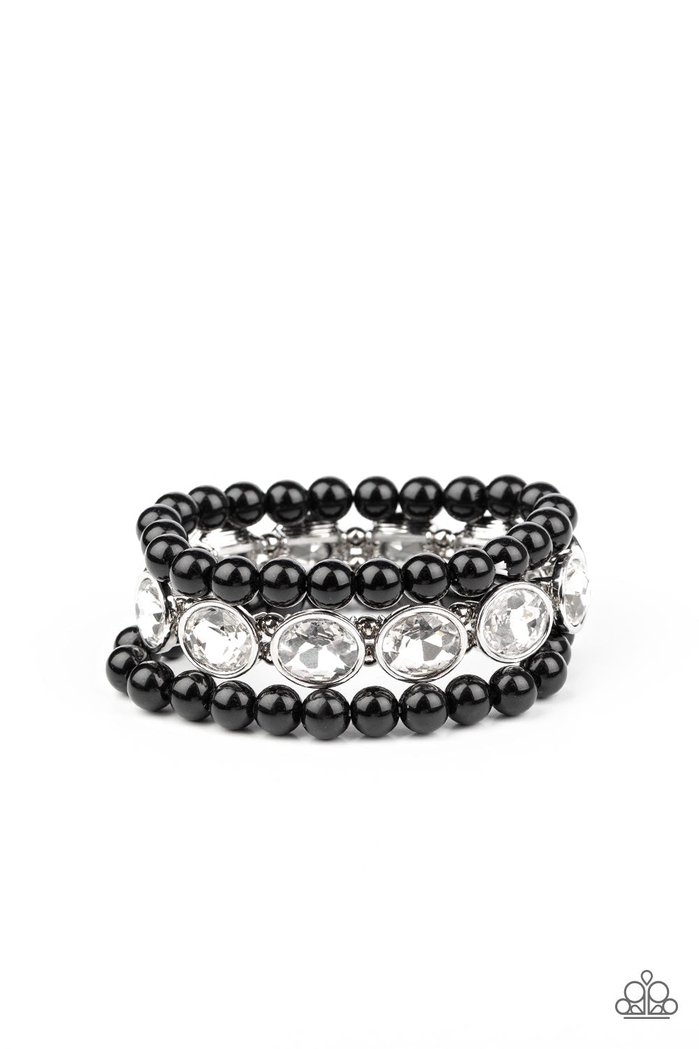 Flawlessly Flattering - Black and White Bracelet - Paparazzi Accessories - Infused with a pair of stretchy black beaded bracelets, a strand of oversized oval white gems are threaded along stretchy bands around the wrist for a flawlessly fabulous finish. Sold as one set of three bracelets.