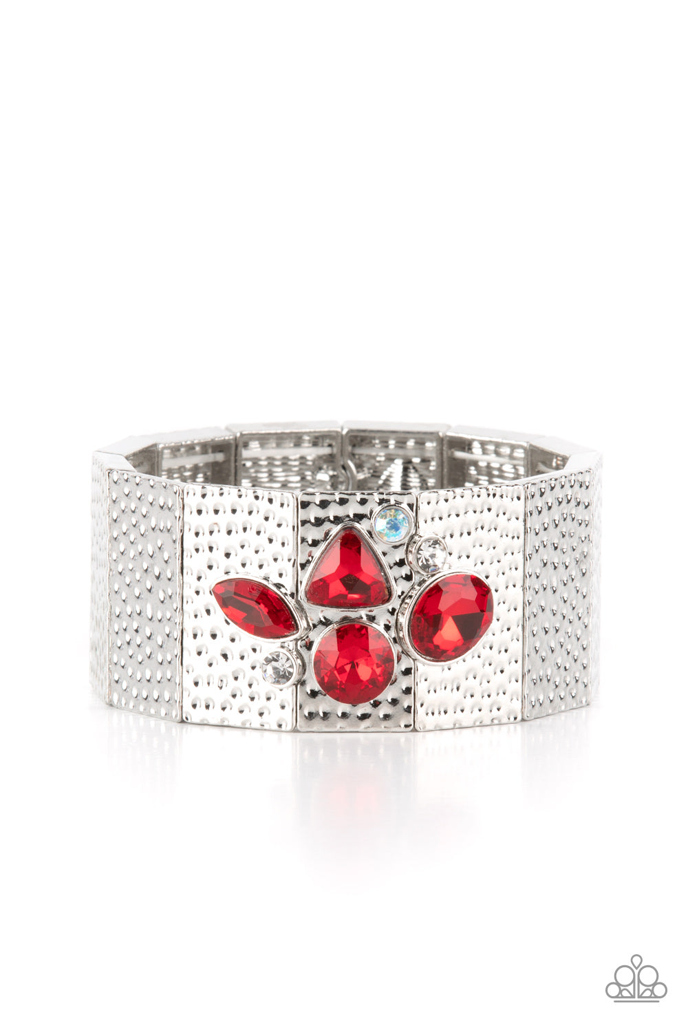 Flickering Fortune - Red and Silver Bracelet - Paparazzi Accessories - Hammered in gritty shimmer, rustic, rectangular, silver frames are threaded along stretchy bands that wrap around the wrist. Mismatched white, iridescent, and red rhinestones cluster on the front and back of the piece, creating dueling centerpieces. Sold as one individual bracelet.