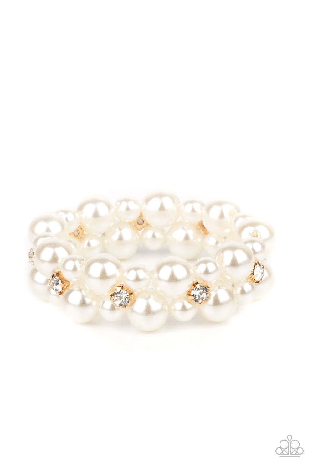 Flirt Alert - Gold and White Pearl - Stretchy Bracelet - Paparazzi Accessories - A bubbly collection of white pearls and classic white rhinestone encrusted gold frames are threaded along stretchy bands around the wrist, creating flirtatious refinement. Sold as one individual bracelet.