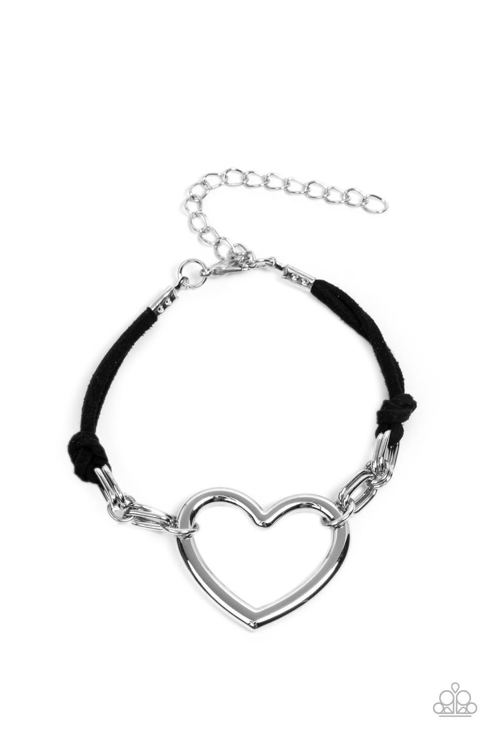 Flirty Flavour - Black Suede - Silver Heart Bracelet - Paparazzi Accessories - Strands of black suede knot around sections of chunky silver chains that have been adorned in an oversized silver heart frame, resulting in a flirtatious display around the wrist. Features an adjustable clasp closure. 