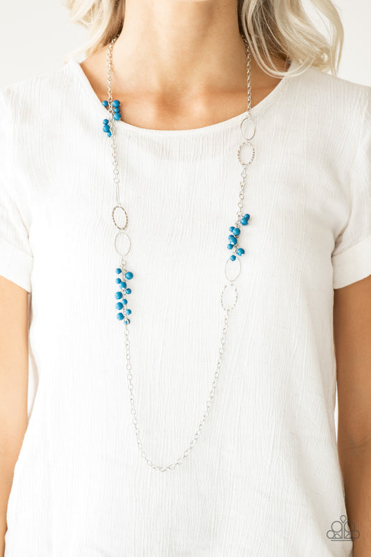 Flirty Foxtrot - Blue and Silver Necklace - Paparazzi Accessories - Smooth and hammered silver rings join clusters of refreshing blue beads along a shimmery silver chain for a colorful look. Features an adjustable clasp closure. Sold as one individual necklace.