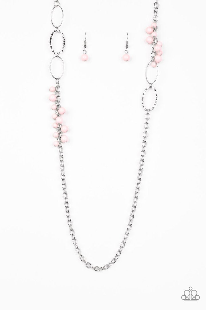 Flirty Foxtrot - Pink and Silver Necklace & Earrings - Paparazzi Accessories - 
Smooth and hammered silver rings join clusters of shiny pink beads along a shimmery silver chain for a colorful look. Features an adjustable clasp closure.
Sold as one individual necklace. Includes one pair of matching earrings.
