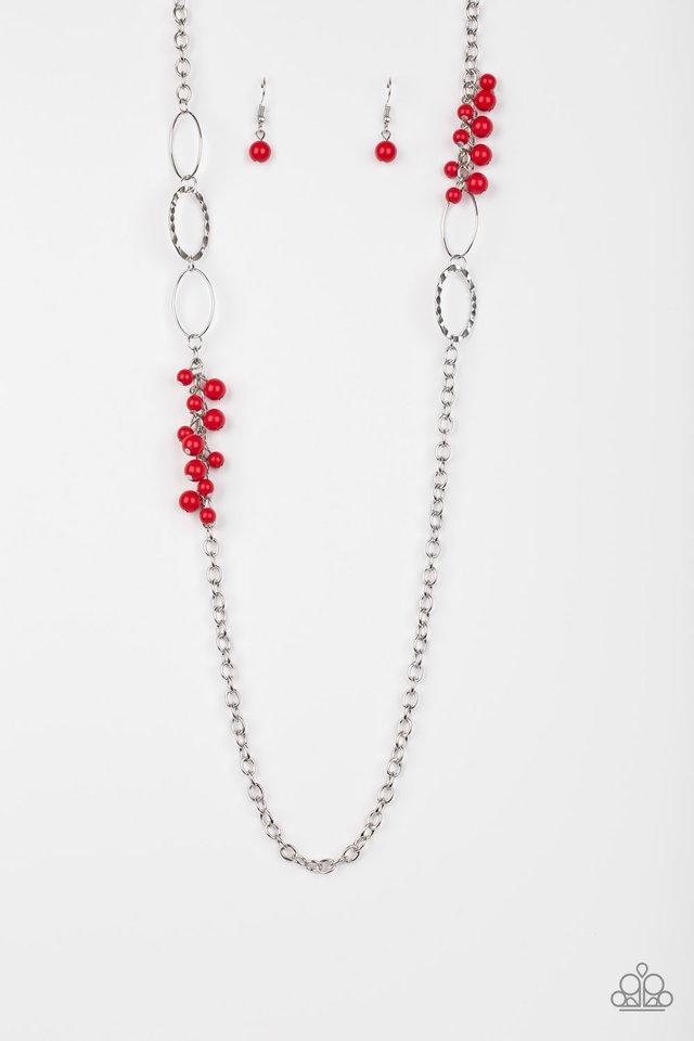 Flirty Foxtrot - Red and Silver Necklace - Paparazzi Accessories - 
Smooth and hammered silver rings join clusters of fiery red beads along a shimmery silver chain for a colorful look. Features an adjustable clasp closure.
