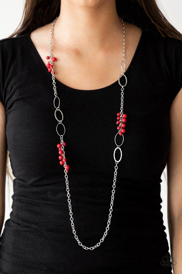 Flirty Foxtrot - Red and Silver Necklace - Paparazzi Accessories - Smooth and hammered silver rings join clusters of fiery red beads along a shimmery silver chain for a colorful look. Features an adjustable clasp closure.