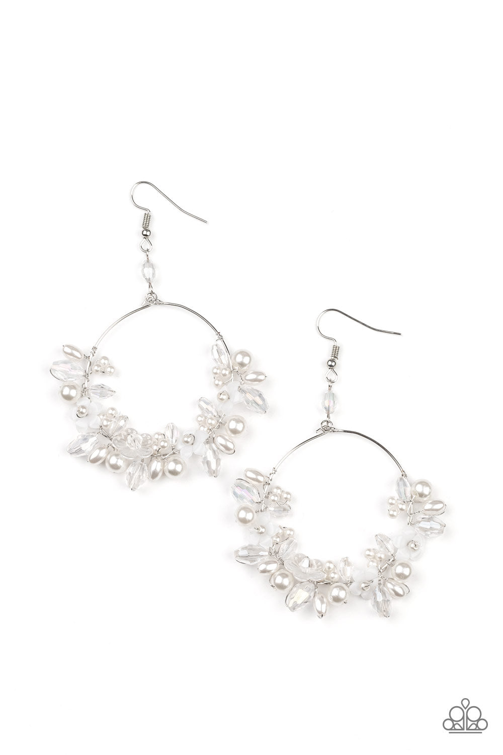 Floating Gardens - White Pearl Floral - Silver Earrings - Paparazzi Accessories - A timeless collection of iridescent crystal-like accents, dainty white pearls, and white floral frames delicately cluster along the bottom of a silver hoop, creating a glamorous glow. Earring attaches to a standard fishhook fitting.