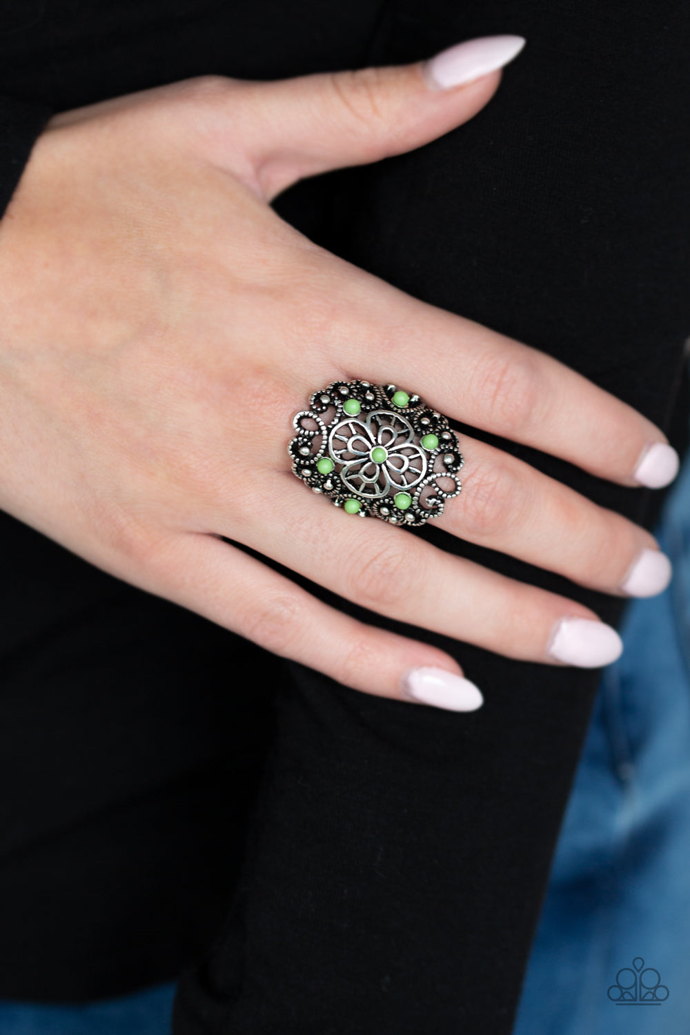 Floral Fancies - Green and Silver Ring - Paparazzi Accessories - Dainty green beads are sprinkled across a shimmery frame swirling with silver filigree, creating a whimsical floral frame atop the finger. Features a stretchy band for a flexible fit. Sold as one individual fashion ring.
