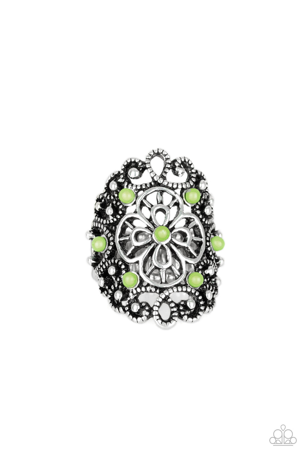 Floral Fancies - Green and Silver Ring - Paparazzi Accessories - Dainty green beads are sprinkled across a shimmery frame swirling with silver filigree, creating a whimsical floral frame atop the finger. Features a stretchy band for a flexible fit. Sold as one individual stylish fashion ring.