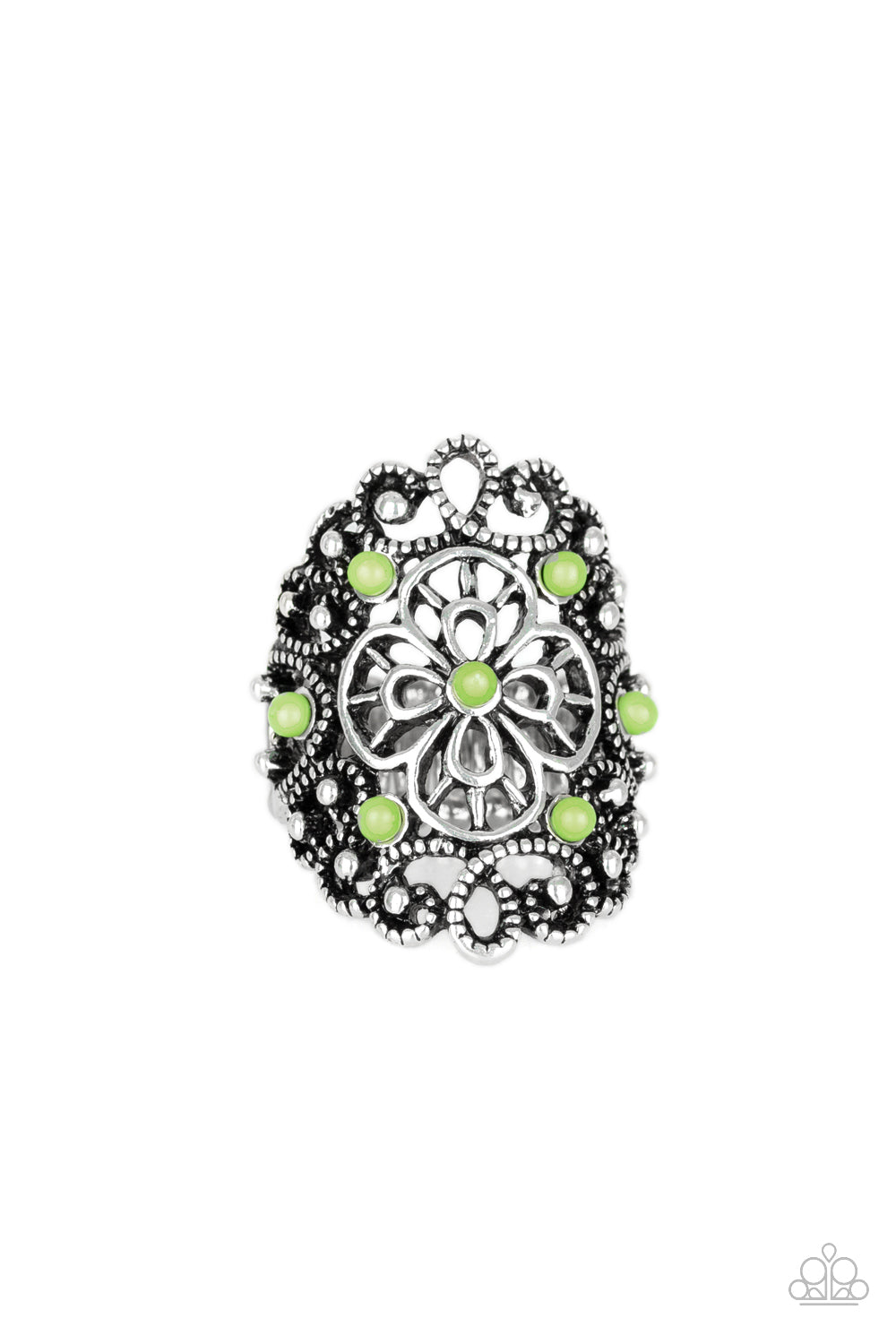 Floral Fancies - Green and Silver Ring - Paparazzi Accessories - Dainty green beads are sprinkled across a shimmery frame swirling with silver filigree, creating a whimsical floral frame atop the finger. Features a stretchy band for a flexible fit. Sold as one individual stylish fashion ring.