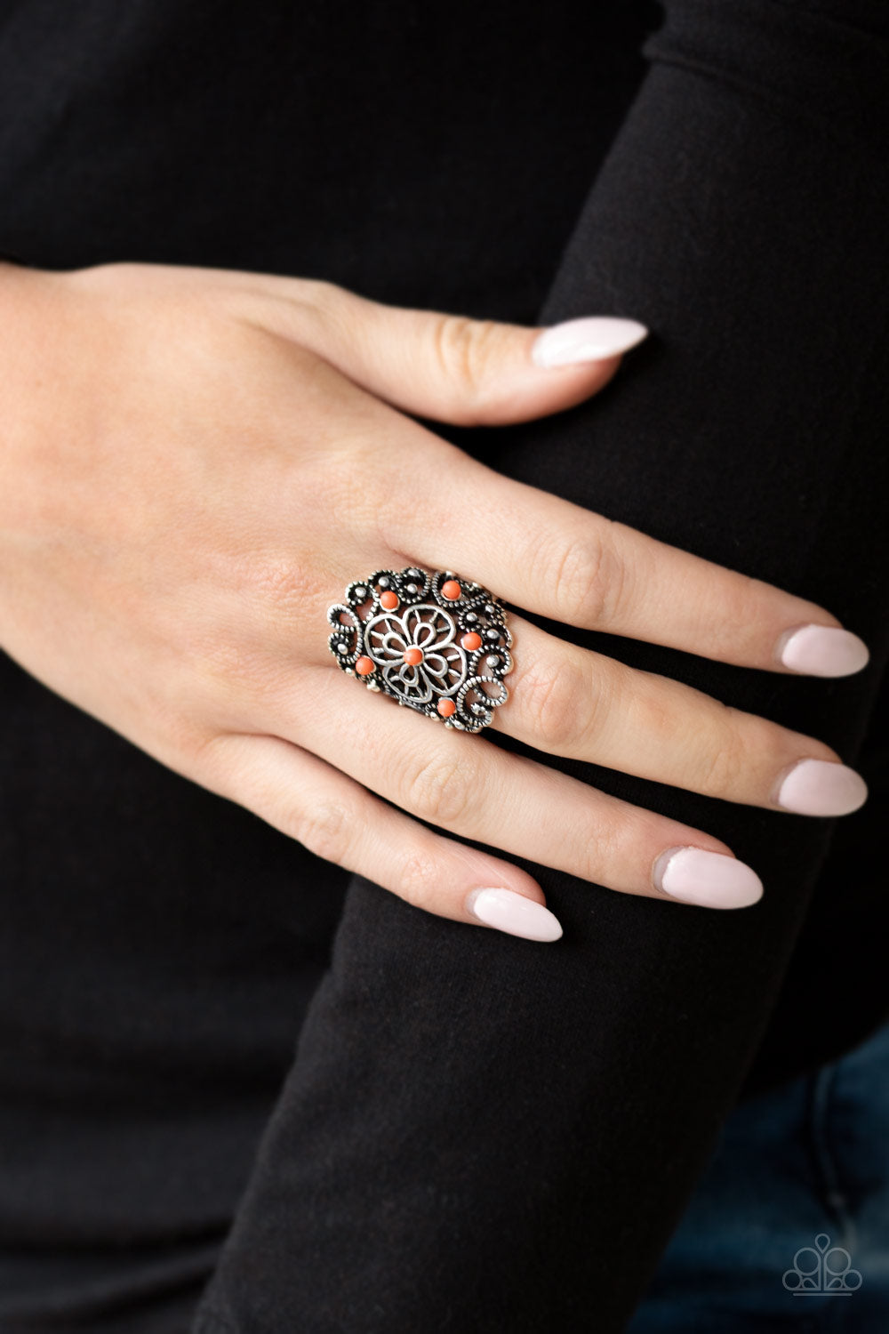 Floral Fancies - Orange and Silver Ring - Paparazzi Accessories - Dainty Living Coral beads are sprinkled across a shimmery frame swirling with silver filigree, creating a whimsical floral frame atop the finger. Features a stretchy band for a flexible fit. Sold as one individual fashion ring.