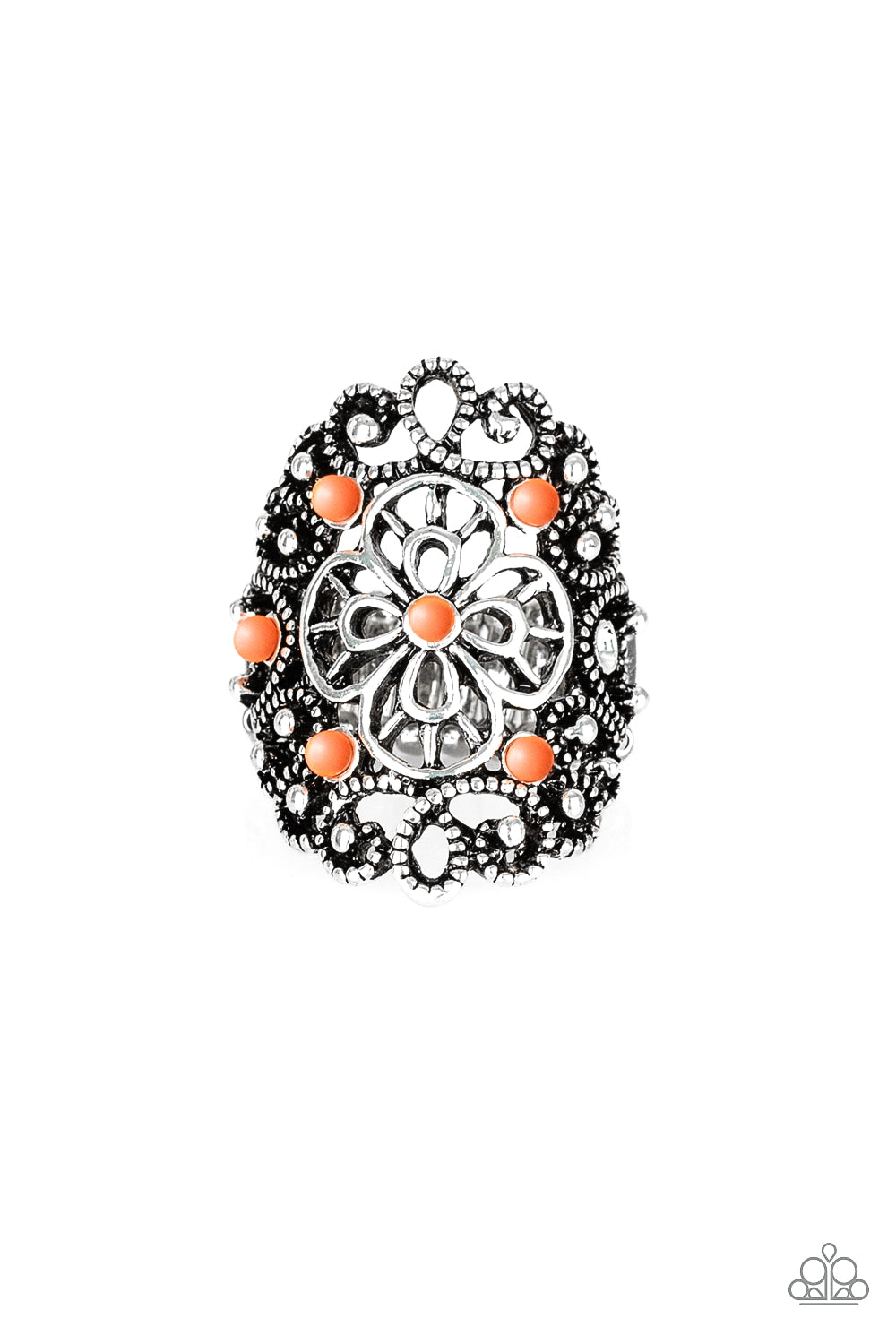 Floral Fancies - Orange and Silver Ring - Paparazzi Accessories - Dainty Living Coral beads are sprinkled across a shimmery frame swirling with silver filigree, creating a whimsical floral frame atop the finger. Features a stretchy band for a flexible fit. Sold as one individual stylish fashion ring.