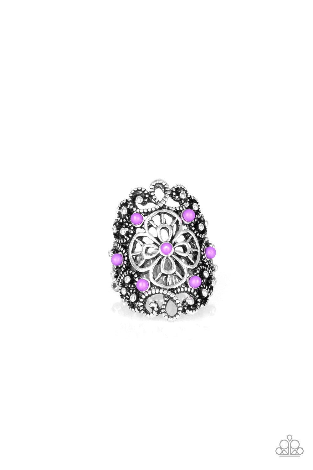 Floral Fancies - Purple - Silver Floral Ring - Paparazzi Accessories - Purple beads are sprinkled across a shimmery frame swirling with silver filigree, creating a whimsical floral frame atop the finger. Features a stretchy band for a flexible fit. Sold as one individual stylish ring.