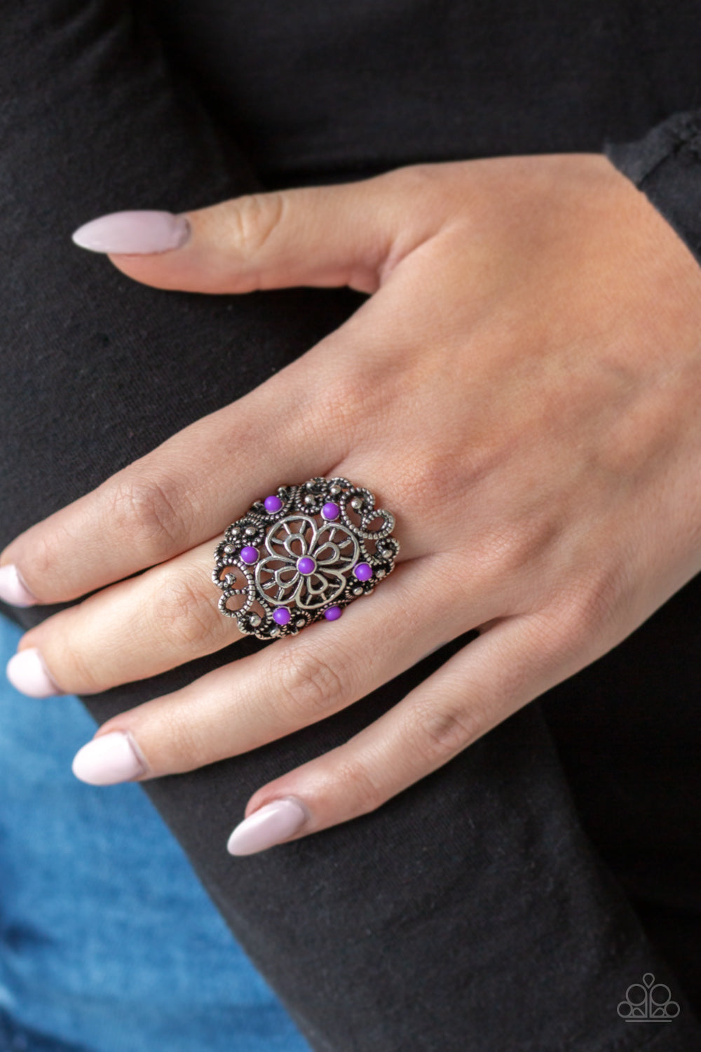 Floral Fancies - Purple - Silver Floral Ring - Paparazzi Accessories - Purple beads are sprinkled across a shimmery frame swirling with silver filigree, creating a whimsical floral frame atop the finger. Features a stretchy band for a flexible fit. Sold as one individual fashion ring.