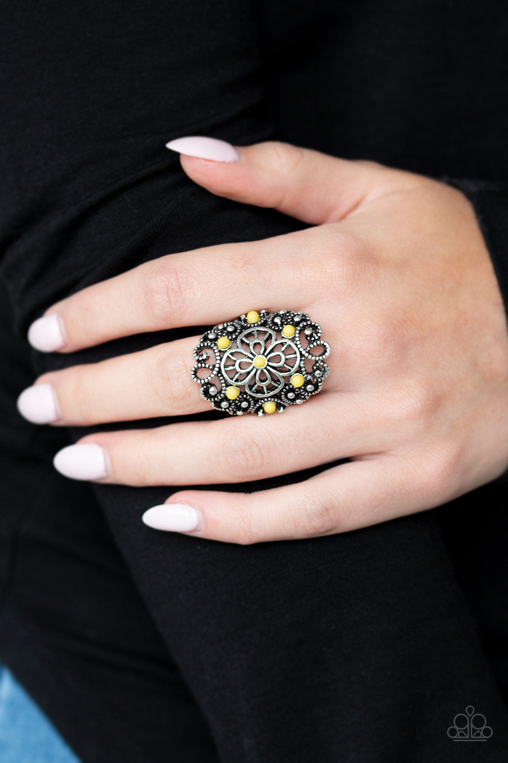 Floral Fancies - Yellow and Silver Floral Ring - Paparazzi Accessories - Dainty yellow beads are sprinkled across a shimmery frame swirling with silver filigree, creating a whimsical floral frame atop the finger. Features a stretchy band for a flexible fit. Sold as one individual ring.