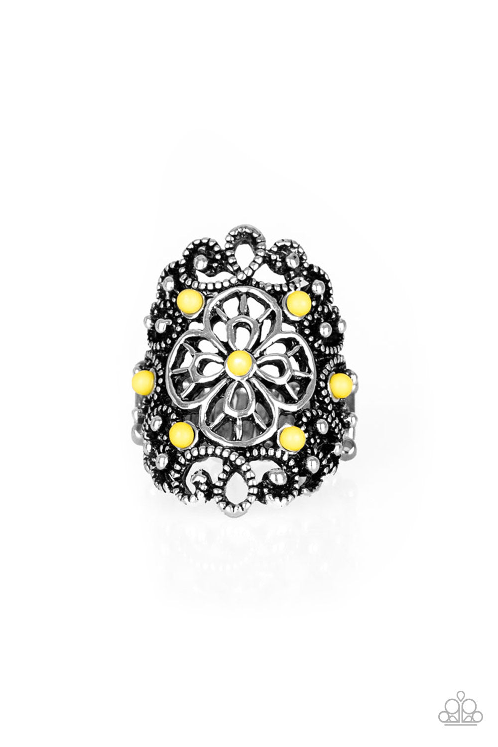 Floral Fancies - Yellow and Silver Floral Ring - Paparazzi Accessories - Dainty yellow beads are sprinkled across a shimmery frame swirling with silver filigree, creating a whimsical floral frame atop the finger. Features a stretchy band for a flexible fit. Sold as one individual ring.