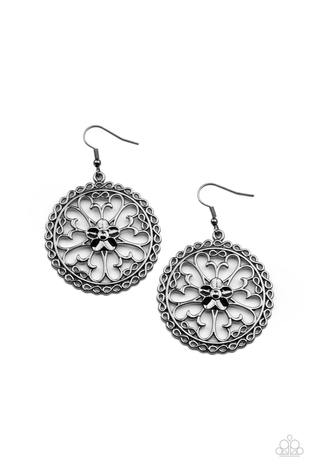​Floral Fortunes - Black Metal Flower - Butterfly Earrings - Paparazzi Accessories - 
Airy butterfly shaped gunmetal frames fan out from a gunmetal flower, creating a whimsical centerpiece inside a hoop of dainty gunmetal infinity accents. Earring attaches to a standard fishhook fitting.
Sold as one pair of earrings.
