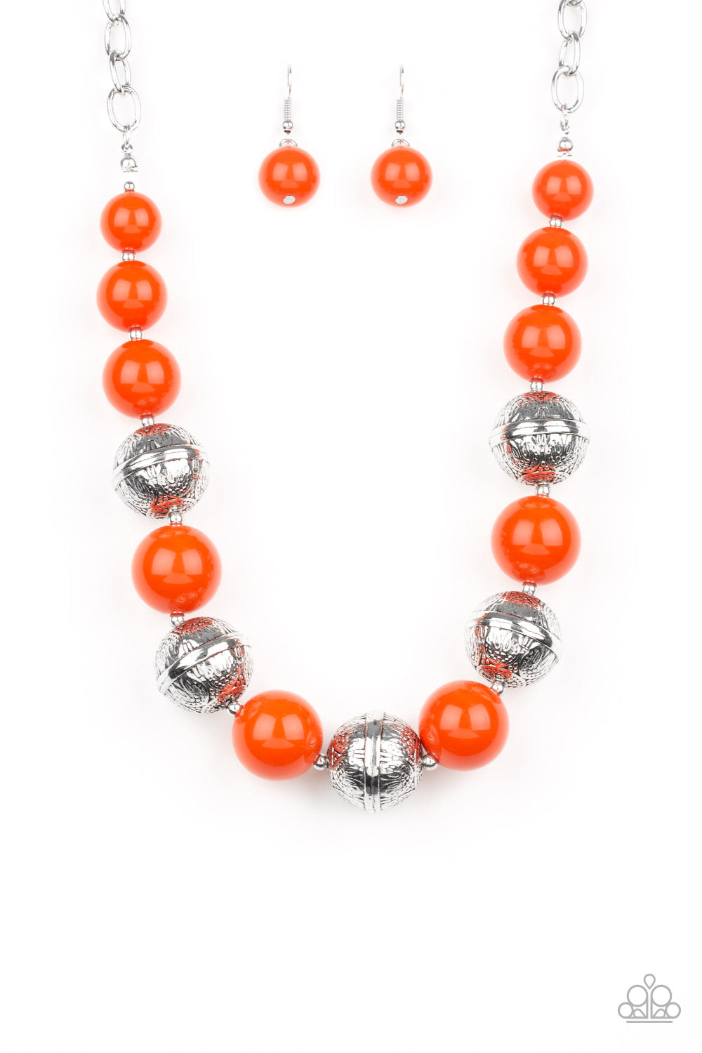 Floral Fusion - Orange and Silver Necklace - Paparazzi Accessories - Infused with dainty silver accents, a bubbly collection of hearty orange beads and floral embossed silver beads are threaded along an invisible wire below the collar for a seasonal look. Features an adjustable clasp closure.