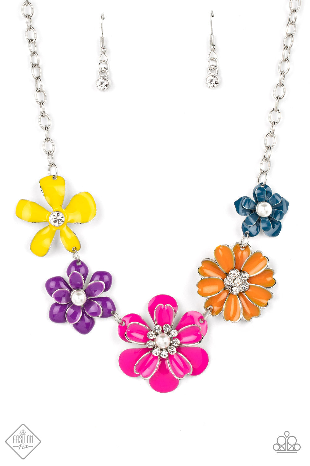 Floral Reverie - Multi Color Flower Necklace - Paparazzi Accessories - Colorful flowers blooms to life along the collar, creating a vibrant statement piece. Each flower features a different centerpiece, flawlessly sprinkling the design with whimsical sparkle and shimmery pearls. Silver edging outlines some of the layered petals, emphasizing the handcrafted character of the design. Features an adjustable clasp closure stylish necklace.